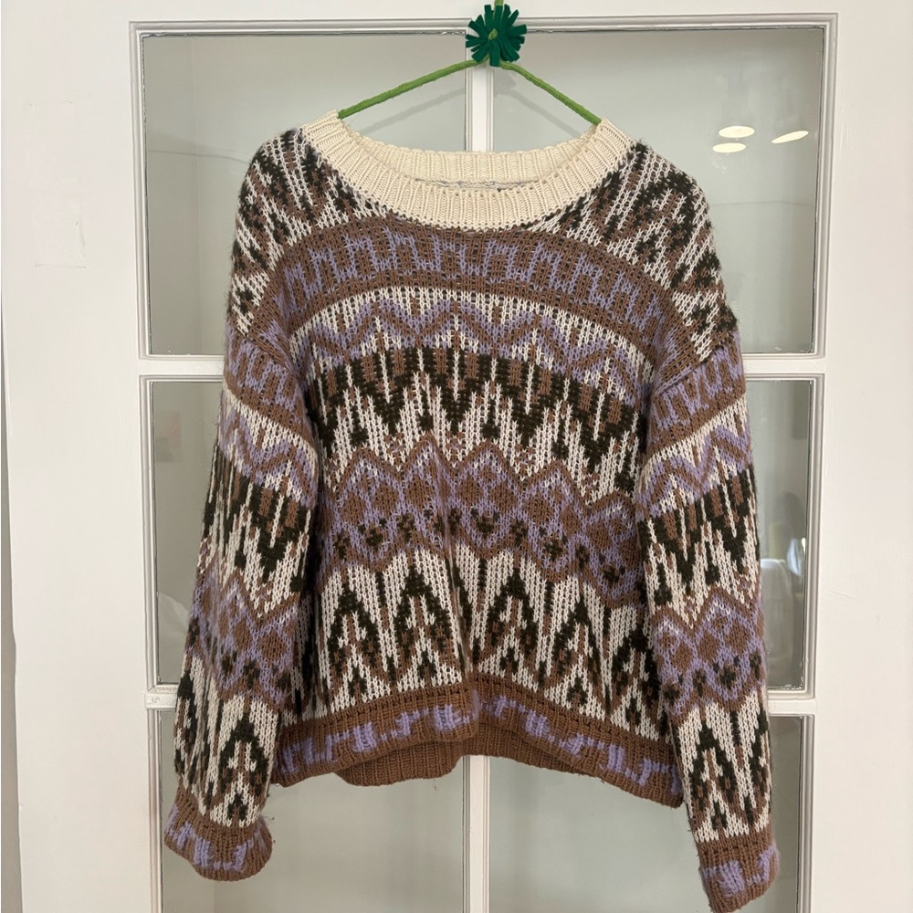 Anthropologie Fair Isle Sweater - Cream, Brown, and Purple Size Small